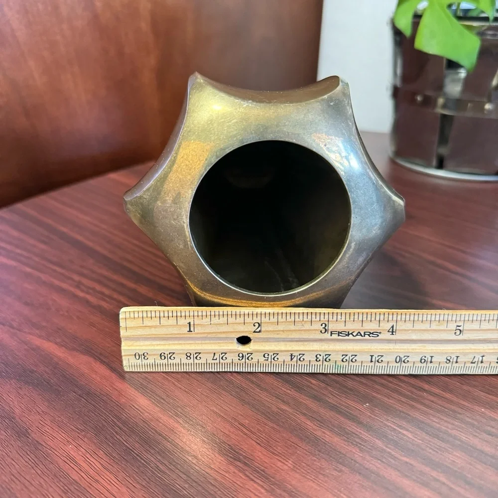 Vintage Solid Brass Hexagonal Faceted Decorative Flower Vase 7.25” Made In India